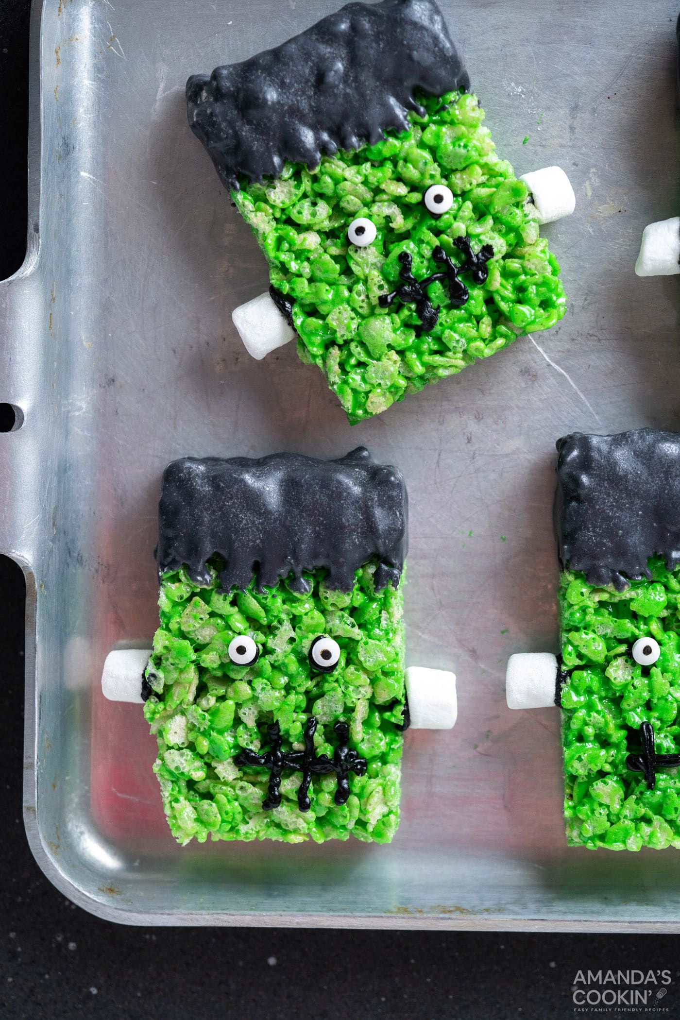 Frankenstein Rice Krispie Treats on a pan