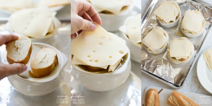 Adding baguette slices and cheese ontop of soup