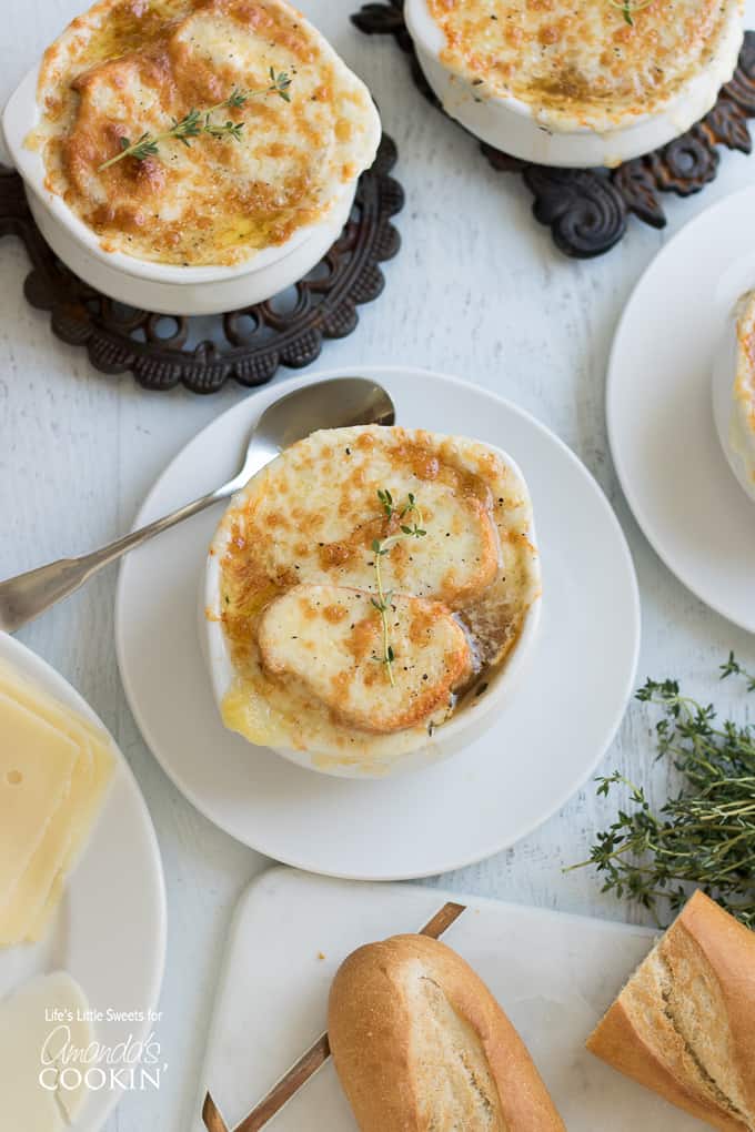 French onion soup overhead shot with spoon