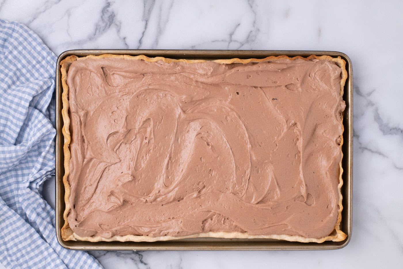 French silk pie filling in a jelly roll pan