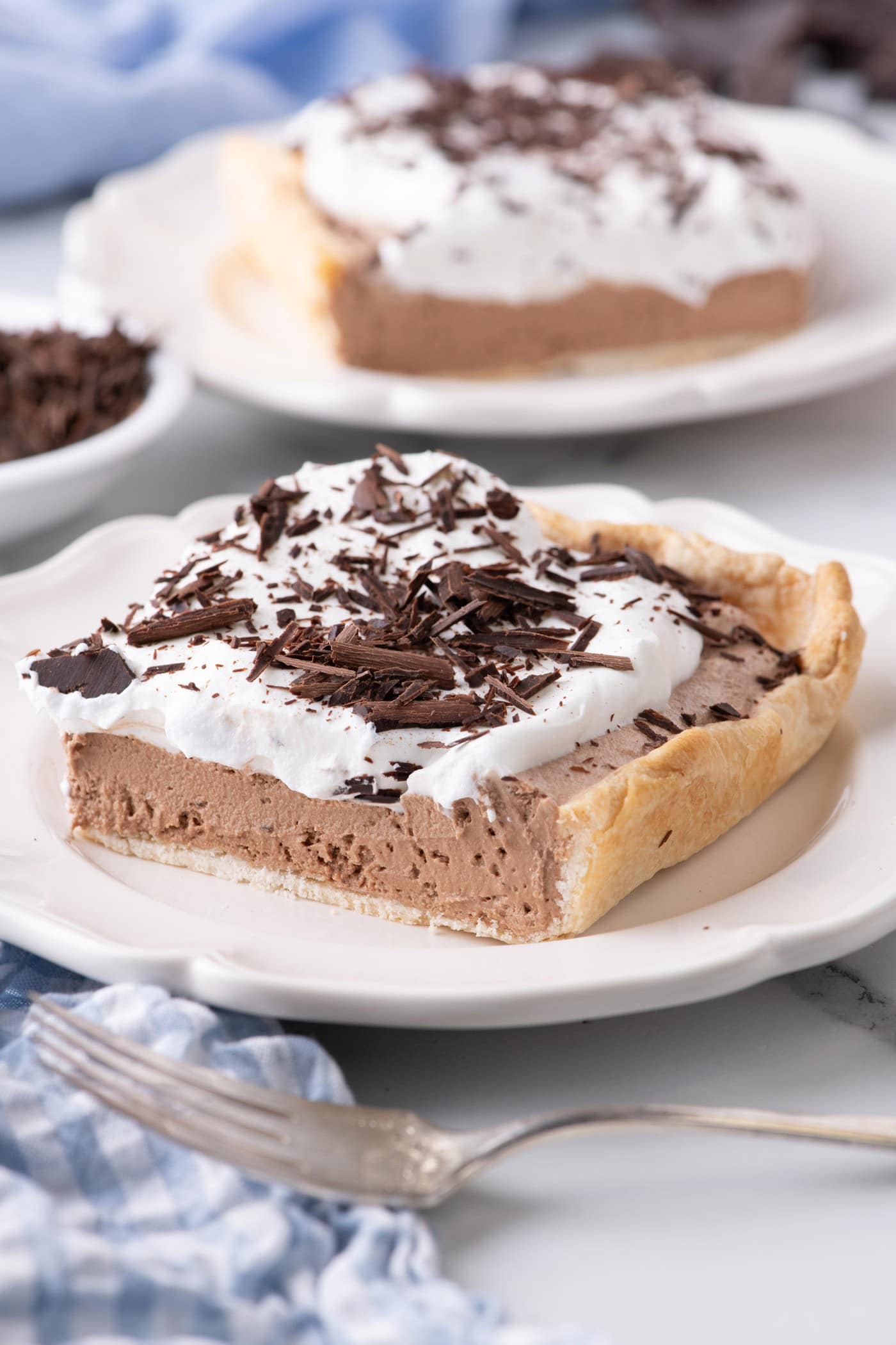 Slice of French Silk Slab Pie on a plate