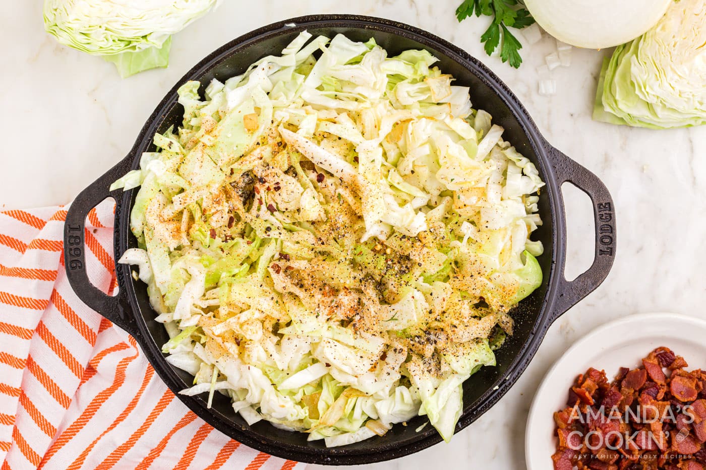 cabbage, creole seasoning, pepper, garlic salt, and a pinch of red pepper flakes