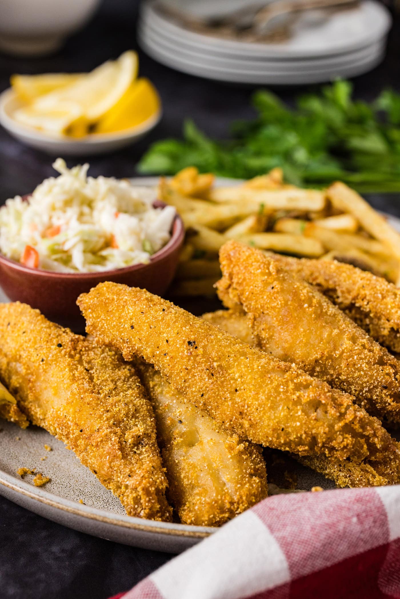 Fried Perch piled on a plate