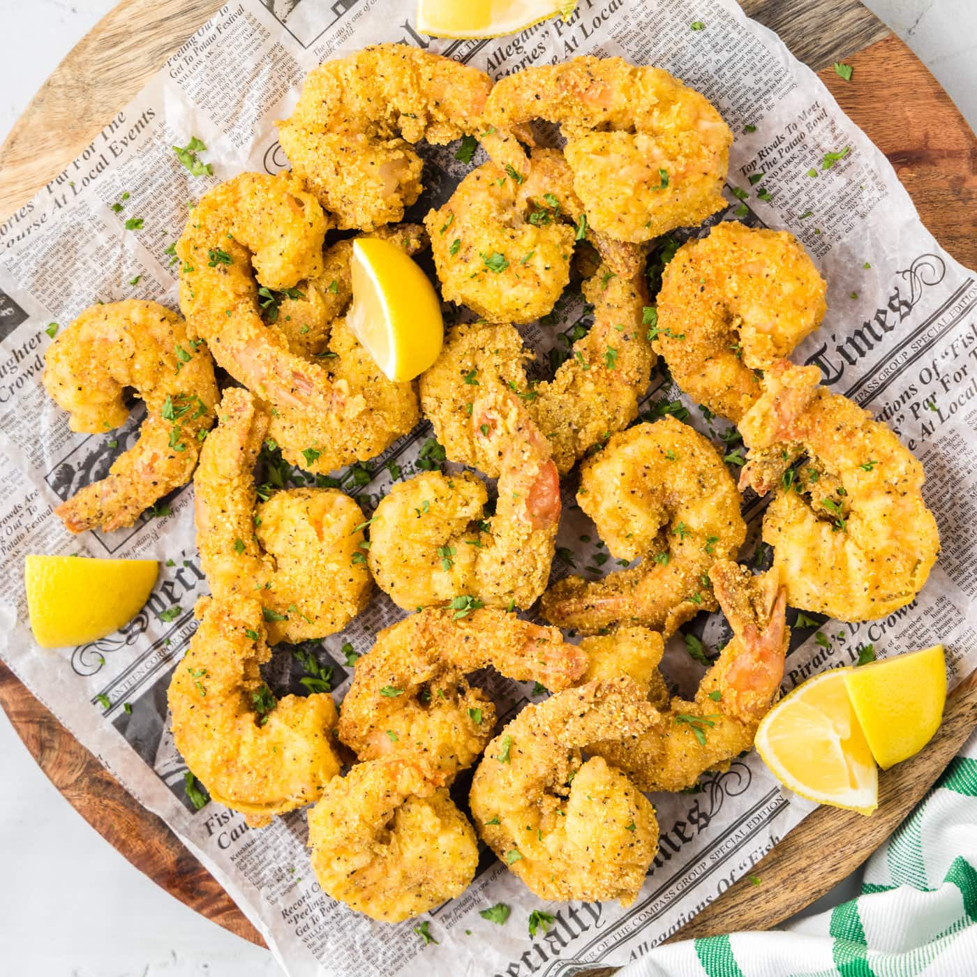 Fried Shrimp on a wooden platter
