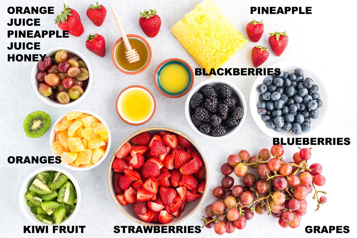 labeled ingredients for fruit salad