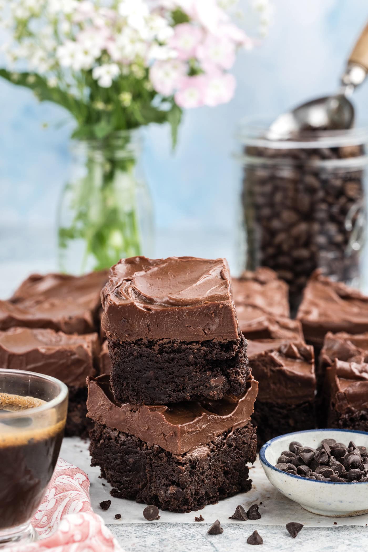 Stack of Fudge Frosted Espresso Brownies