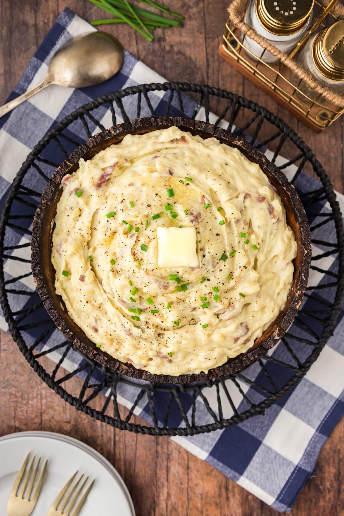 Overhead photo of a bowl of Garlic Mashed Potatoes