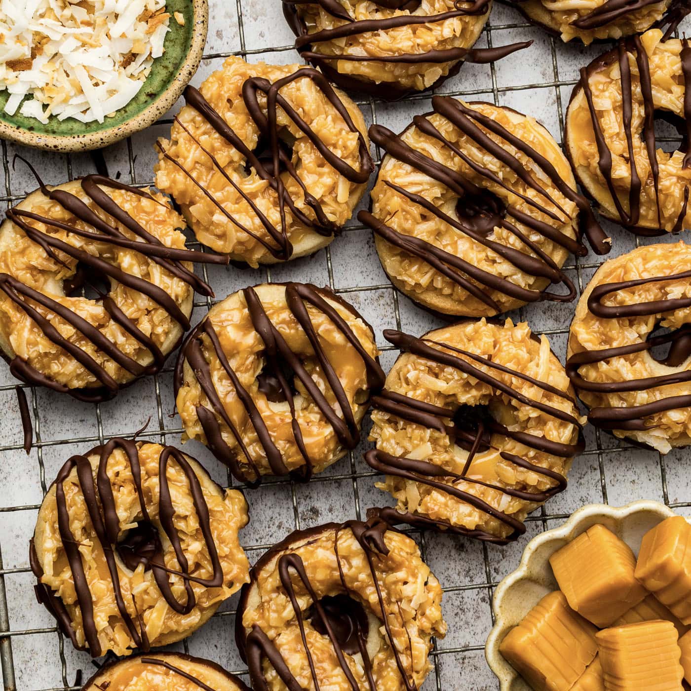 Close up photo of Homemade Samoas on a wire rack