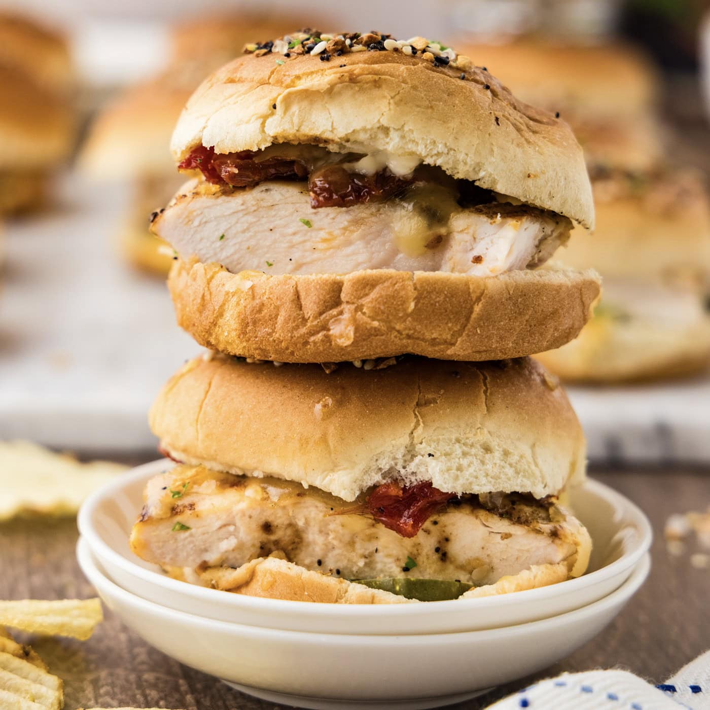 Stack of two Gouda Chicken Sliders