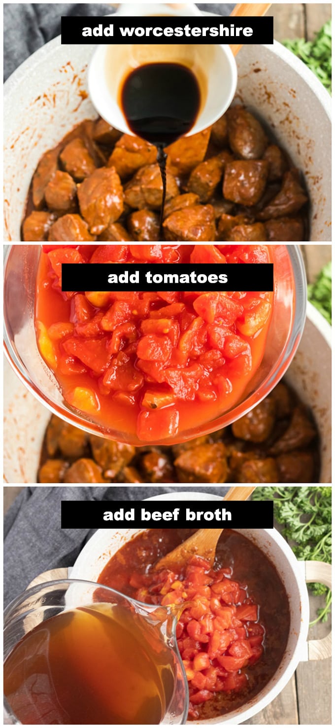 adding broth and tomatoes to pan