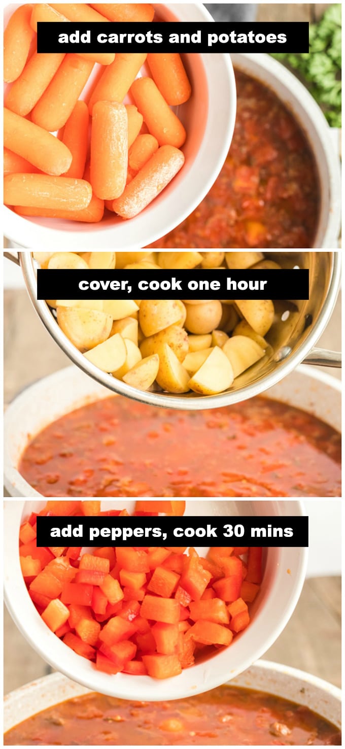 adding vegetables for goulash into pan