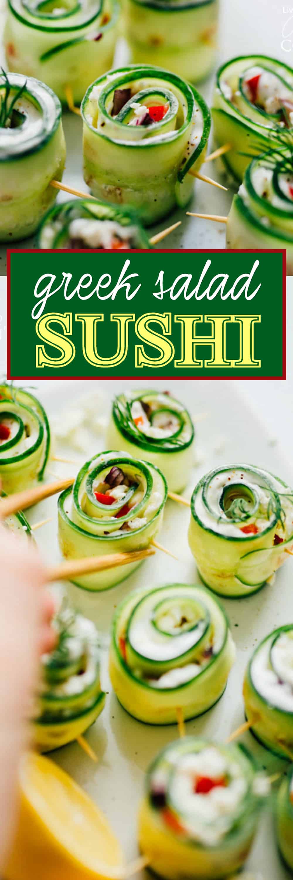 pinterest image that says greek salad sushi