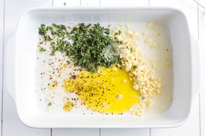 marinade ingredients in baking dish