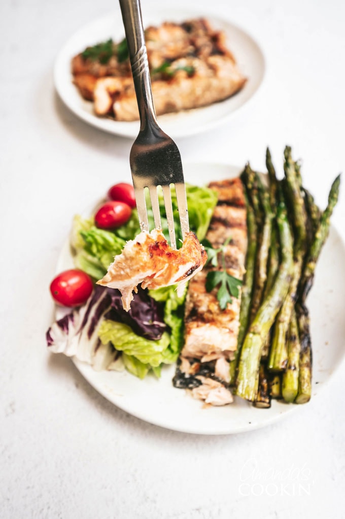grilled salmon on a fork