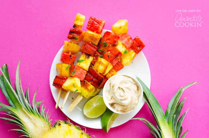 Watermelon and Pineapple on skewers with yogurt dipping sauce