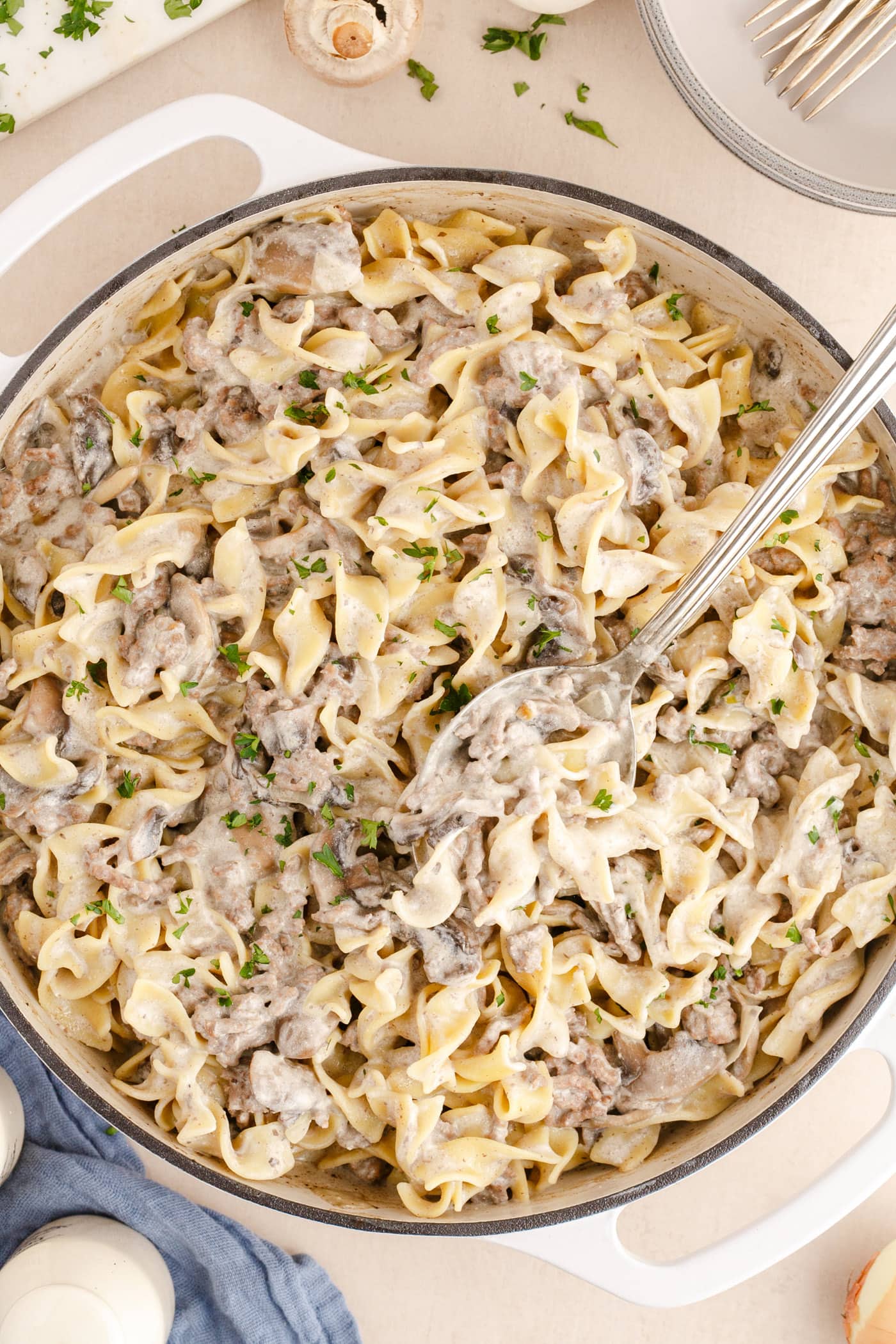 overhead photo of Ground Beef Stroganoff in pan