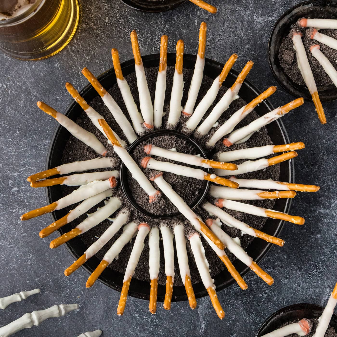 overhead view of Halloween Cigarette Pretzels in a fake ashtray