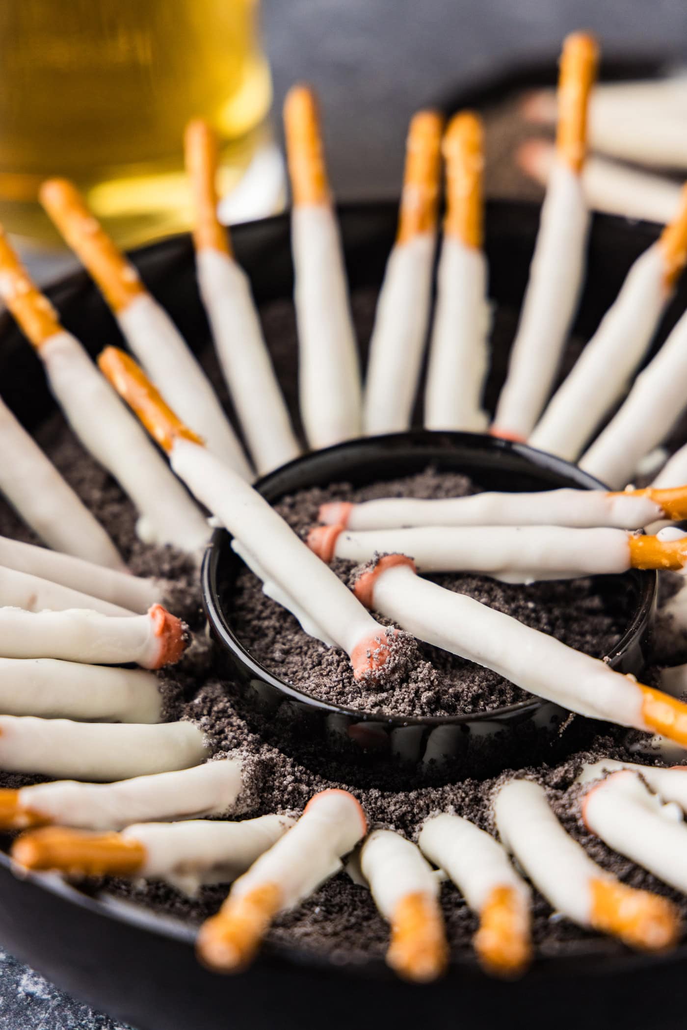 close up angle shot of Halloween Cigarette Pretzels