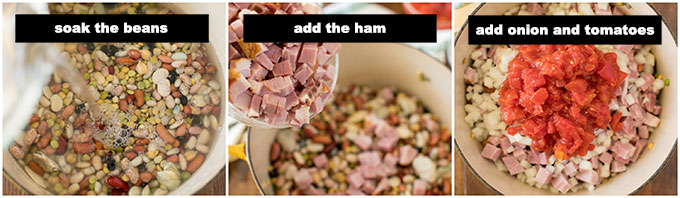 illustrated steps to soaking beans and adding broth ingredients