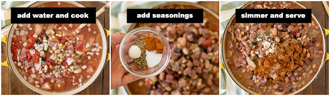 steps showing adding seasoning to ham and bean soup