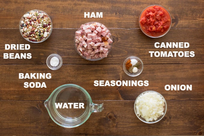 lebeled illustration of ham bean soup ingredients