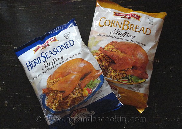 A photo of packages of Pepperidge Farms herb seasoned stuffing and a cornbread stuffing.