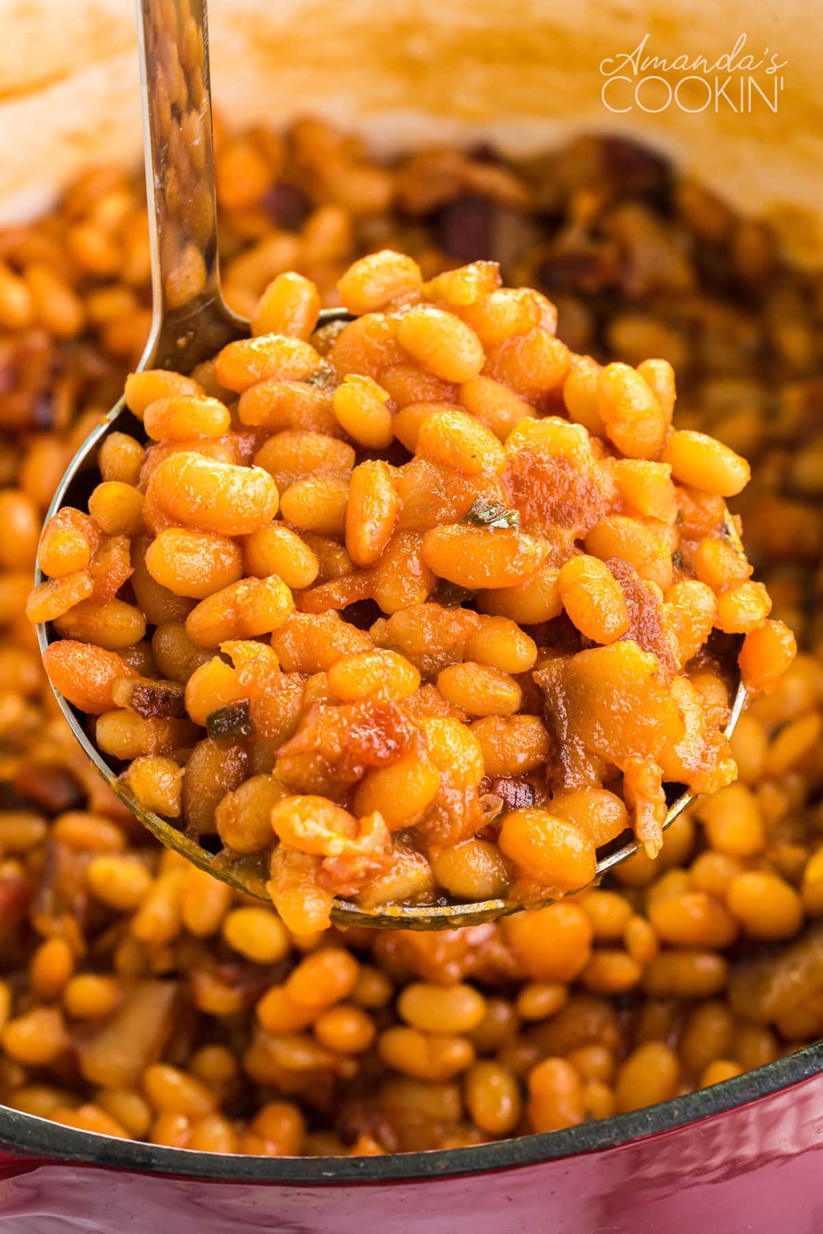 LADEL FULL OF BAKED BEANS