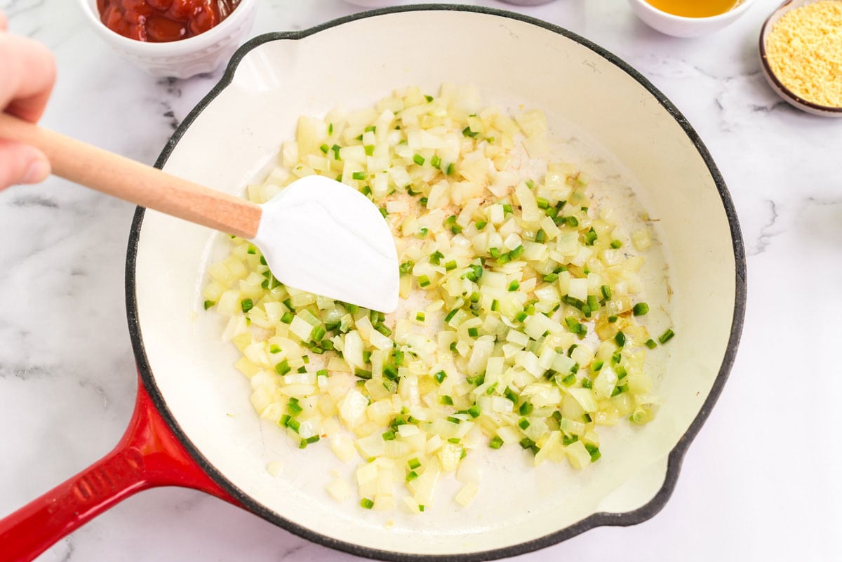 skillet with onion and jalepeno