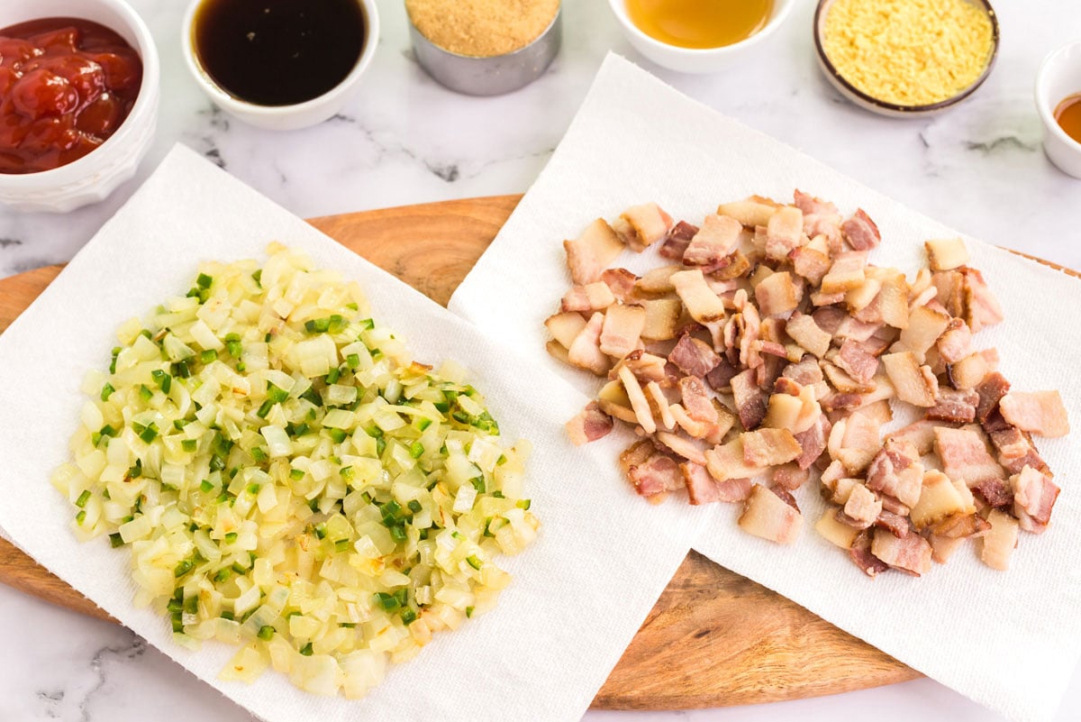 onion mixture and bacon draining on paper towels