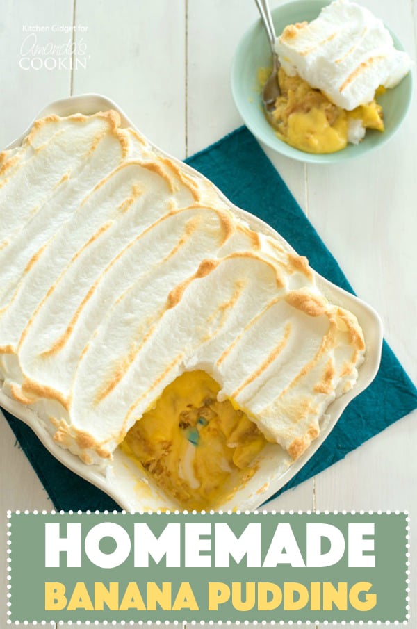 banana pudding in a pan with slice removed