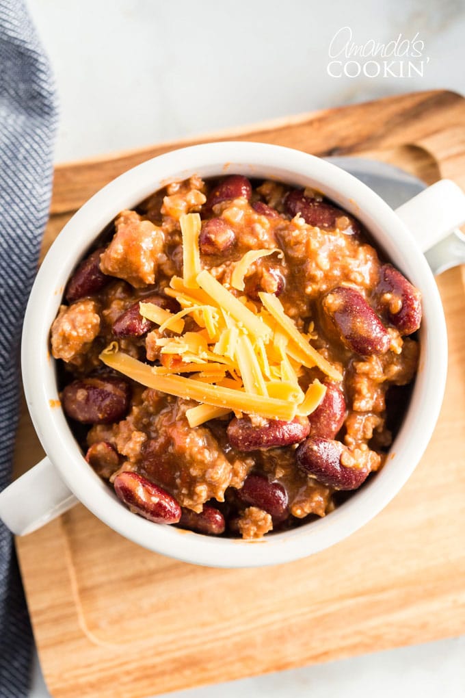 overhead view of homemade chili in a white bowl