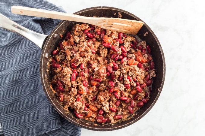 skillet of homemade chili