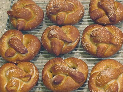 A close up overhead of homemade German pretzels.