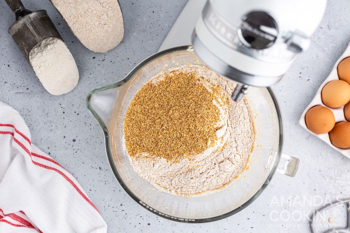 wheat germ in mixer bowl with milk