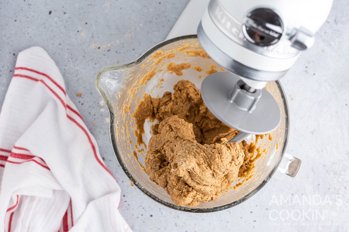 kneaded bread dough on mixer dough hook
