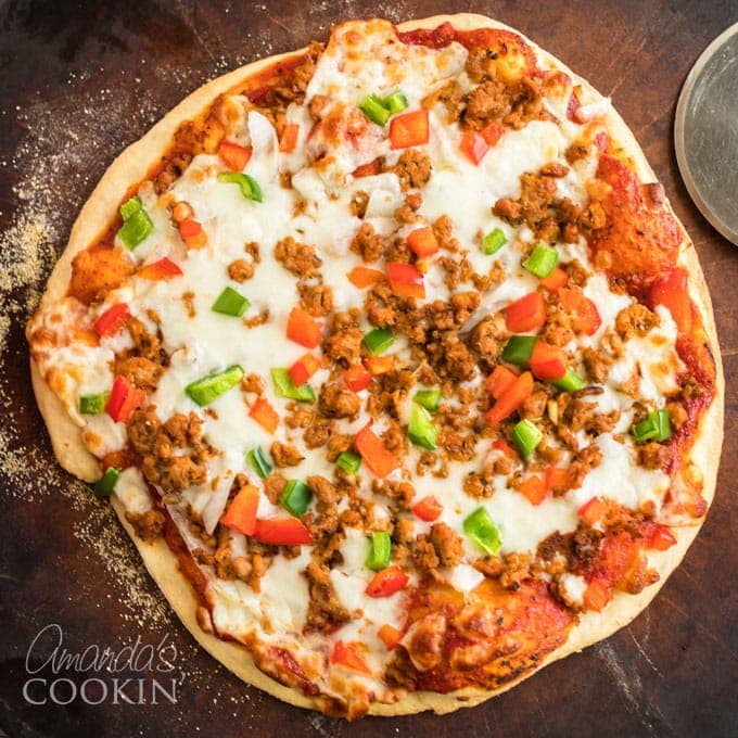 homemade pizza on a pizza stone