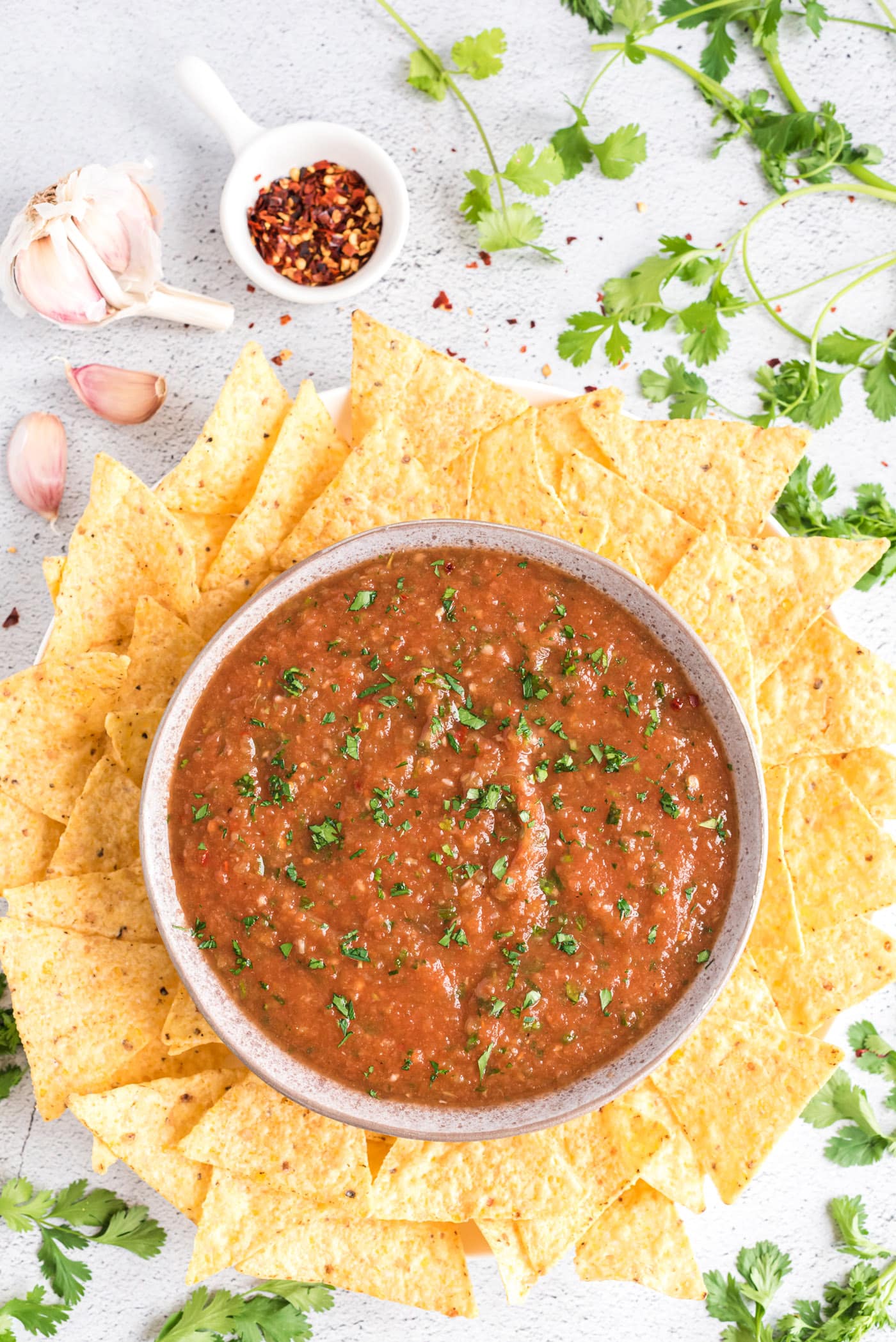 Restaurant Style Salsa in a bowl with tortilla chips
