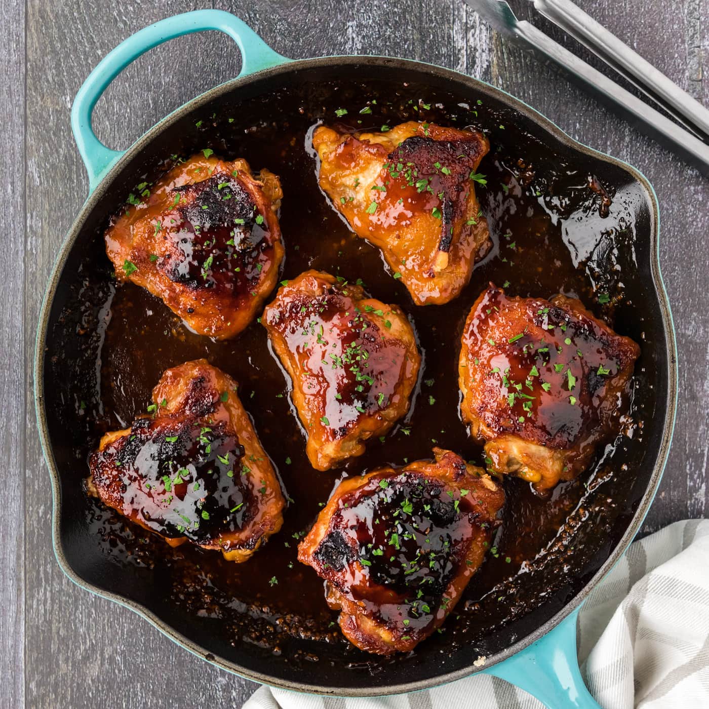 Overhead photo of Honey Garlic Chicken in a skillet