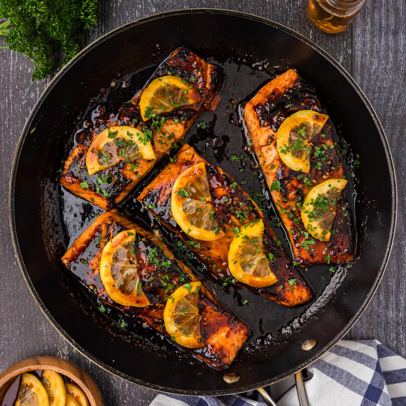 Close up photo of Honey Salmon in a skillet