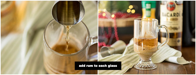 adding rum to a clear mug