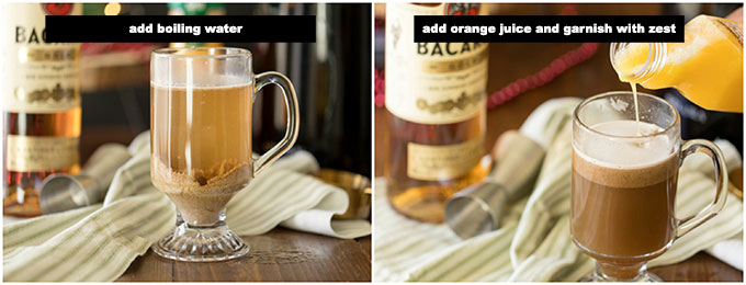 adding boiling water and orange juice to hot buttered rum