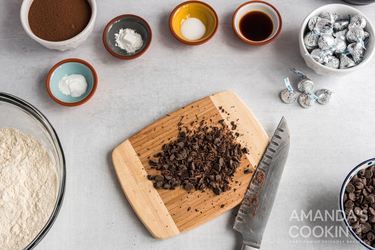 chopped chocolate on cutting board