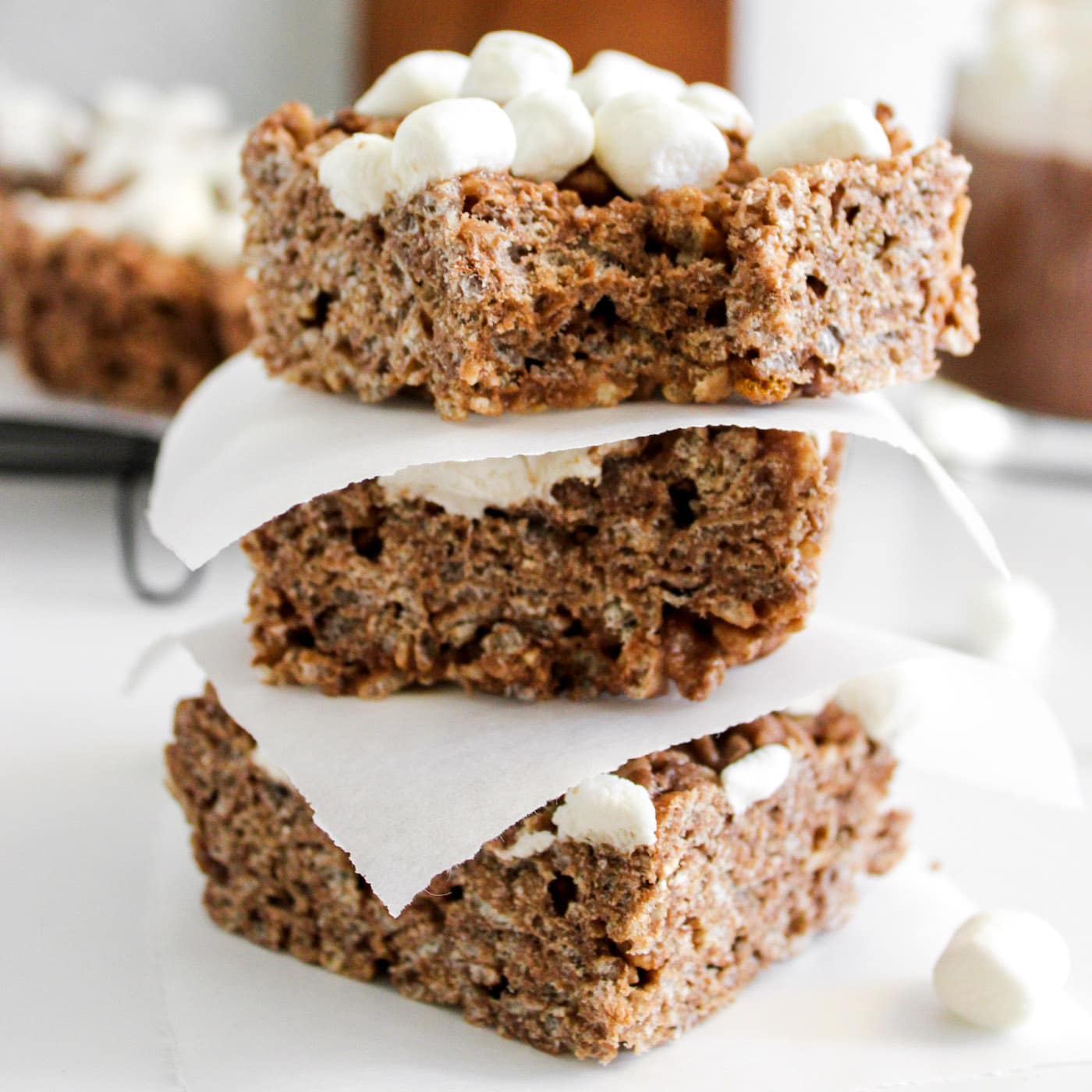 Hot Cocoa Rice Krispie Treats with a bite out