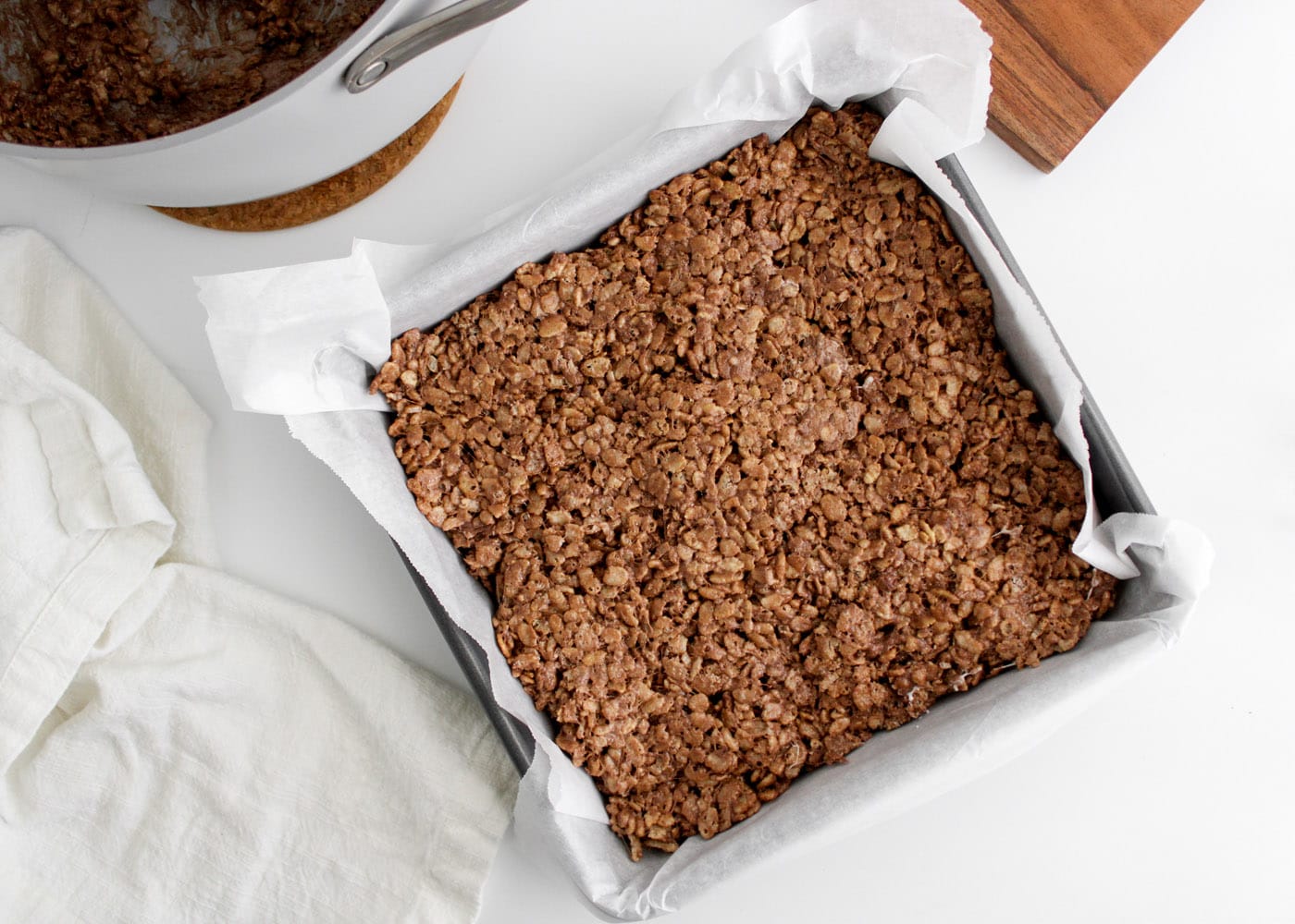 hot chocolate rice krispie treats in a pan