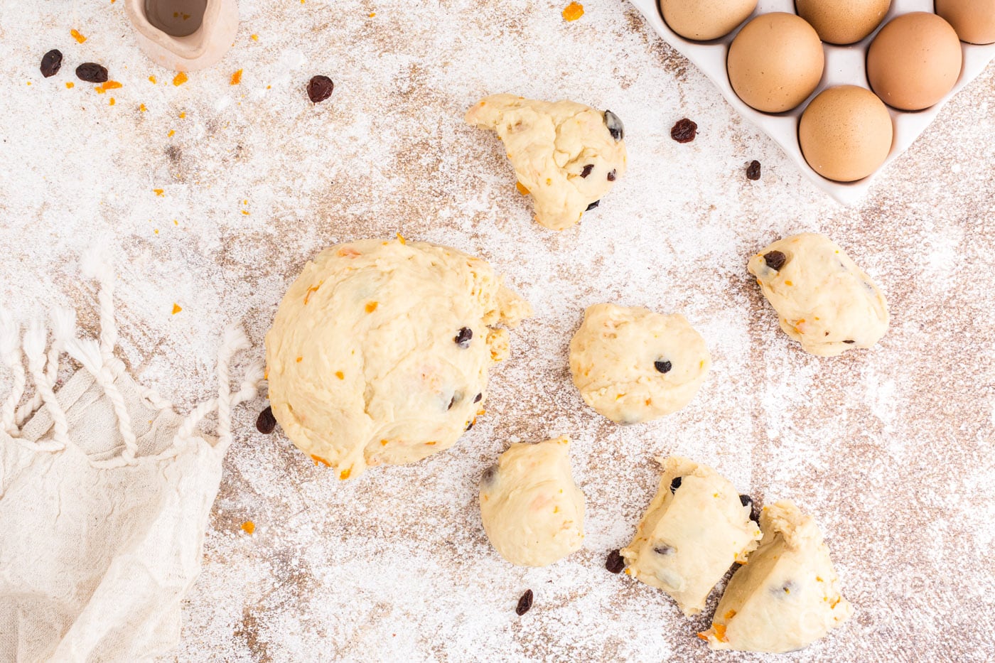 dough pieces on floured surface