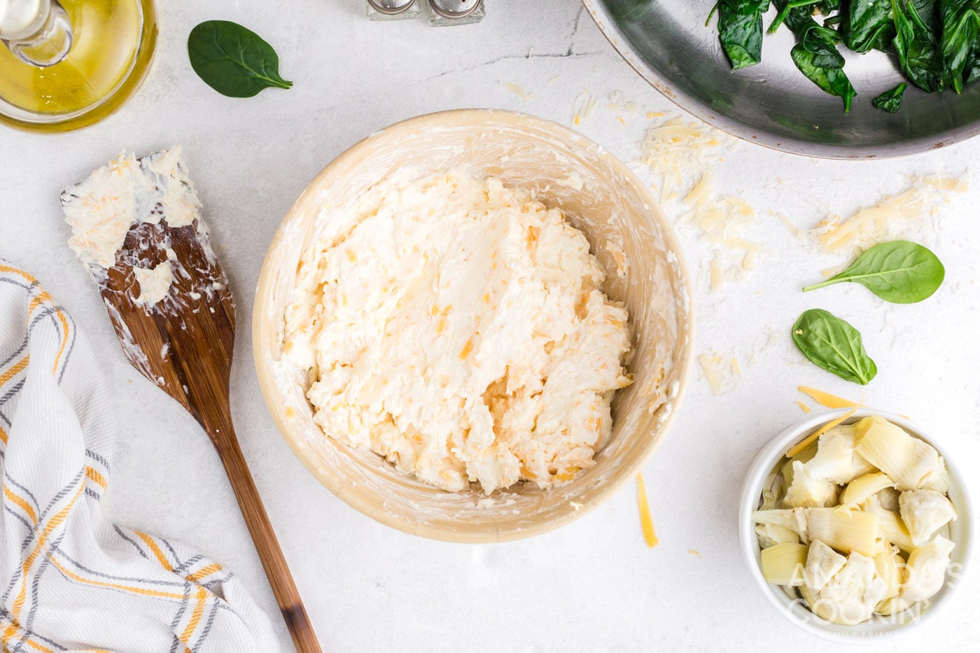 cream cheese mayo mixture in a mixing bowl