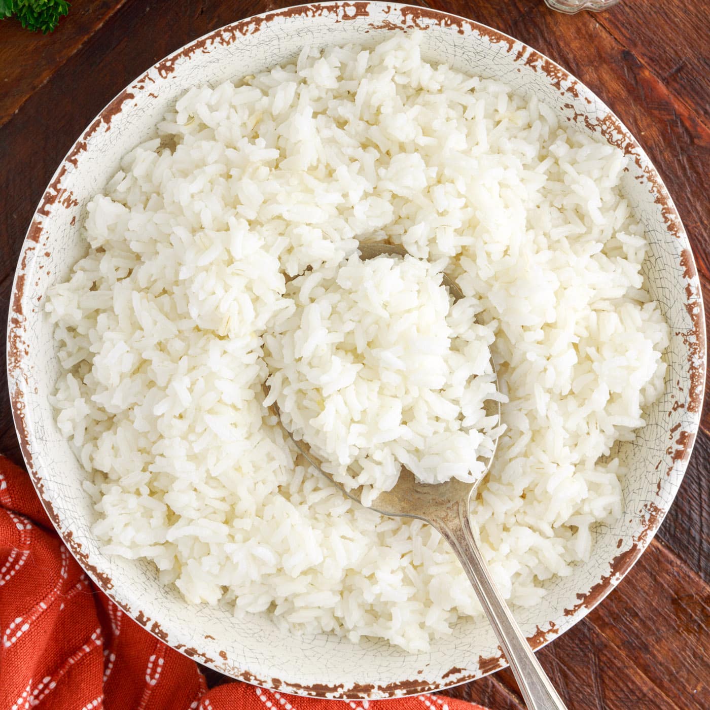 Overhead photo of a bowl of rice with a spoon