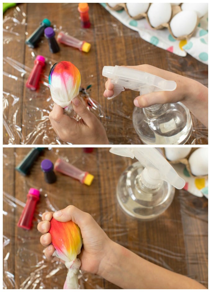 spraying egg with water