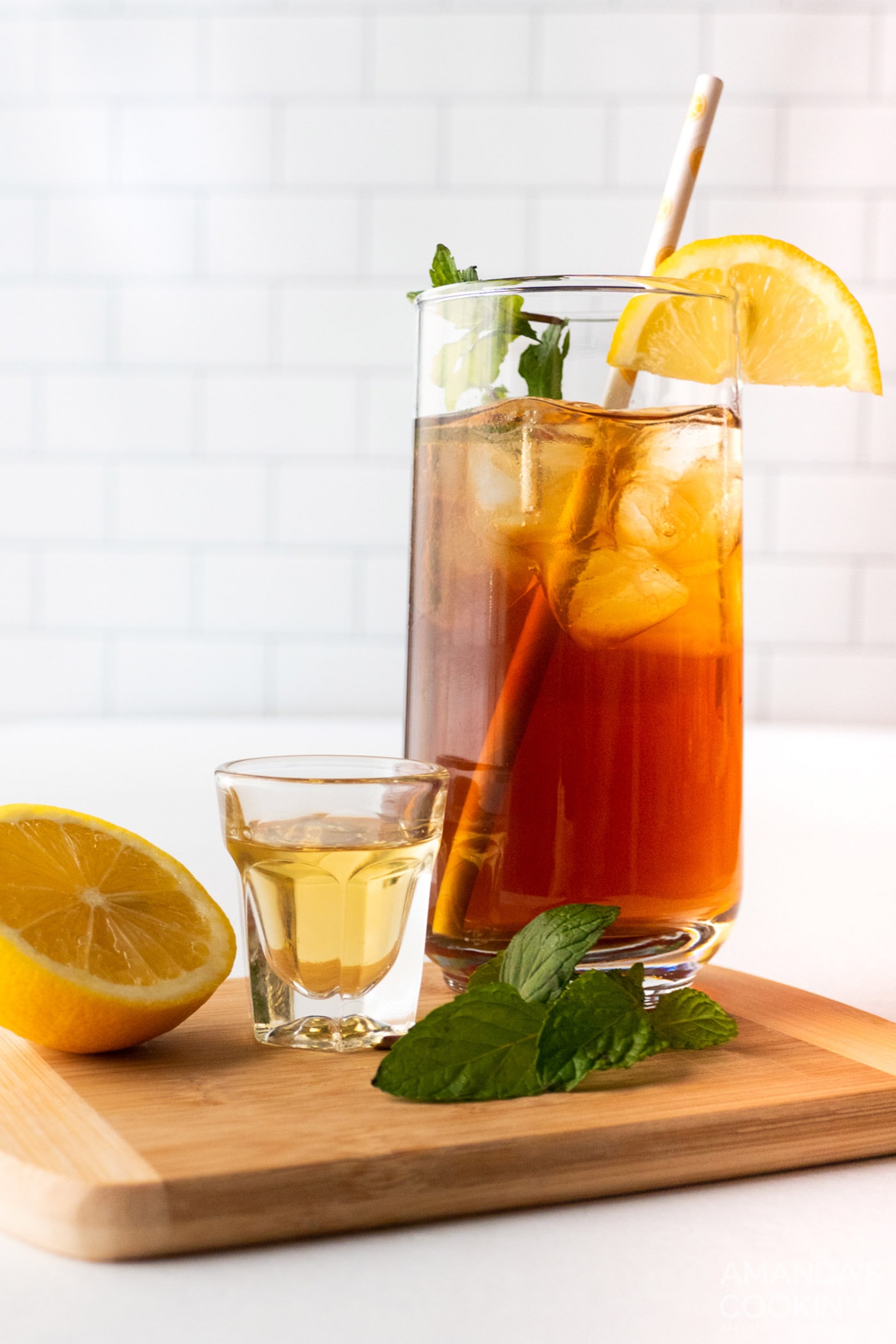 glass of iced tea and shot of honey whiskey