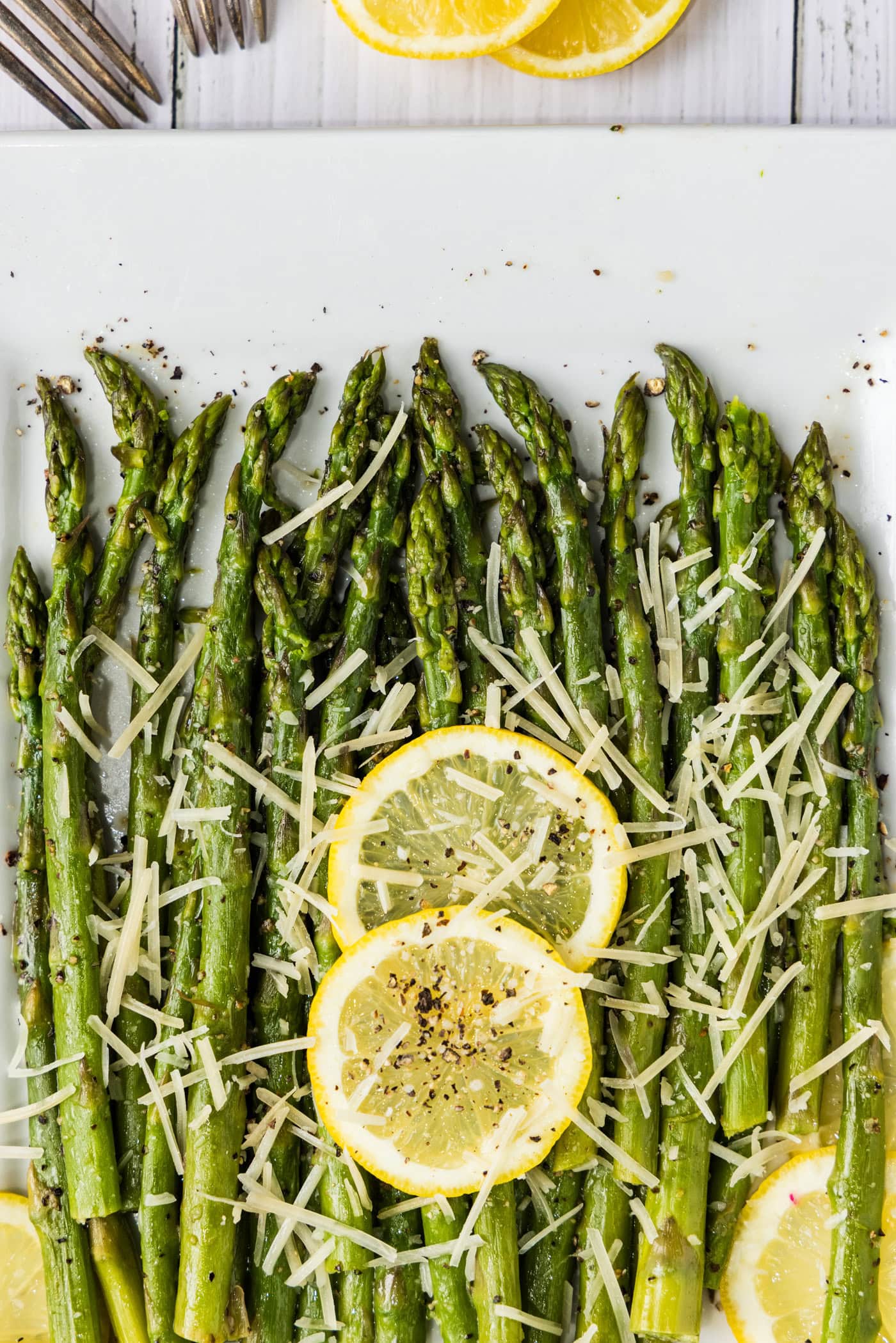 Close up photo of a platter of Instant Pot Asparagus